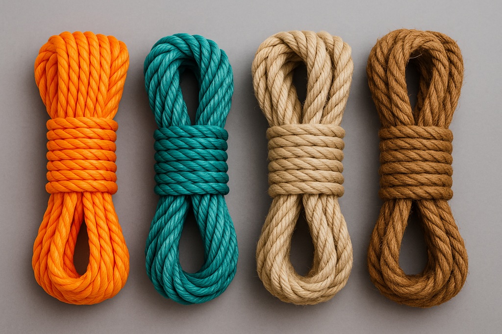 Phân loại dây thừng theo chất liệu: Dây thừng tổng hợp (nylon, polyester) màu cam và xanh, dây thừng tự nhiên (sisal, đay) màu be và nâu.