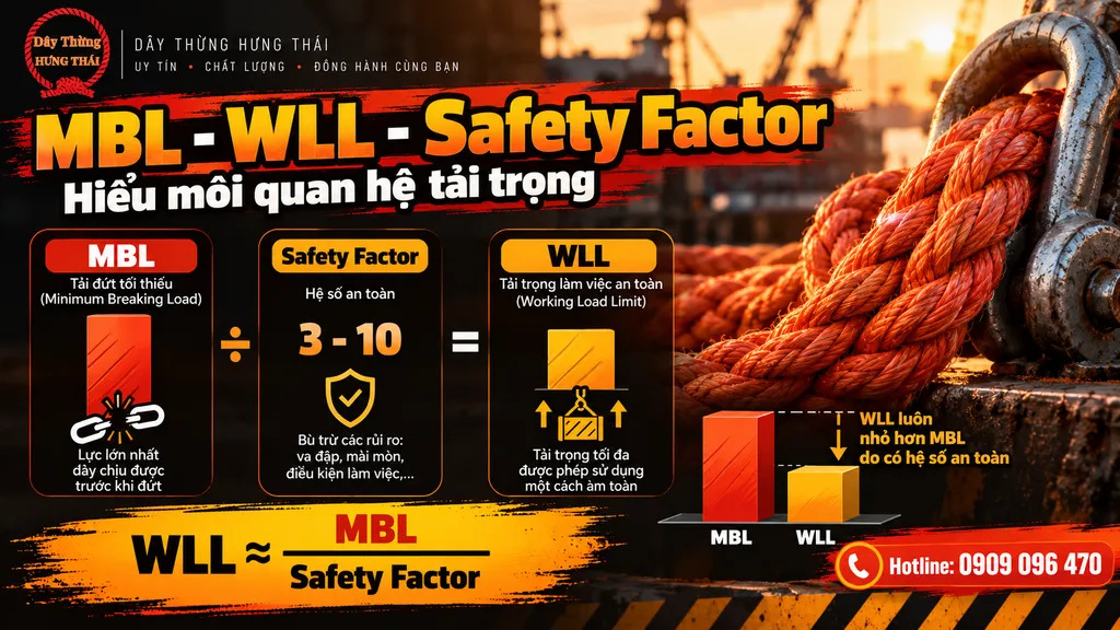 Minh họa mối quan hệ giữa MBL WLL và Safety Factor